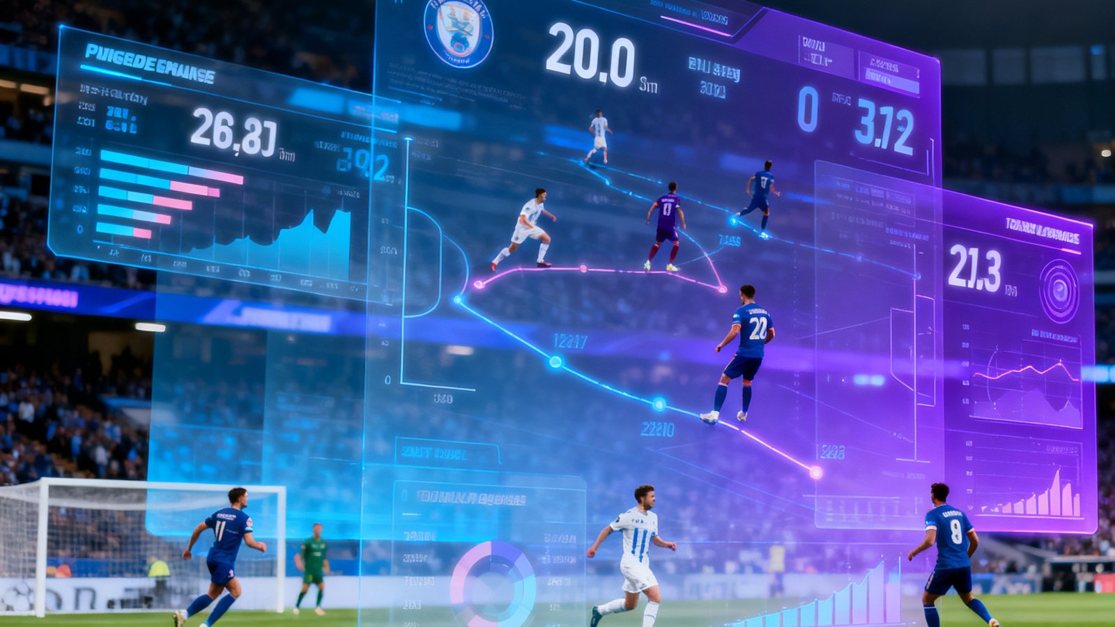 数据可视化画面在直播视频上叠加球员跑动距离、传球成功率、射门角度等实时数据图层，科技感十足的增强现实观赛体验